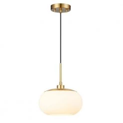 1-Light Opal Glass Pendant Light in Antique Brass Finish by Kawoti
