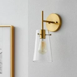 1-Light Antique Brass Armed Sconce with Cone Glass Shade by Kawoti -Safavieh Sales antique brass kawoti vanity lighting 21064 31 1000