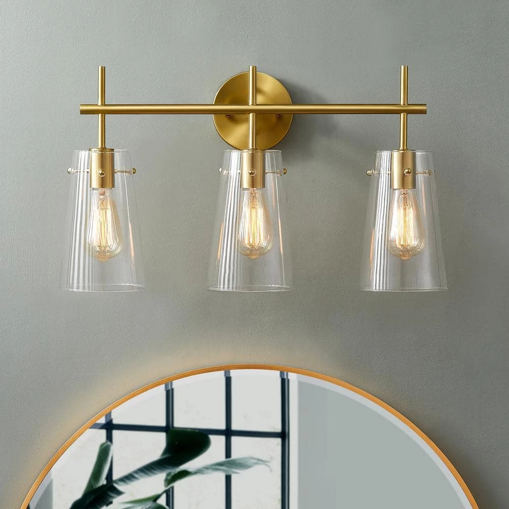 24 in. 3-Light Antique Brass Vanity Light with Clear Glass Shade by Kawoti 1 24 in. 3-Light Antique Brass Vanity Light with Clear Glass Shade by Kawoti