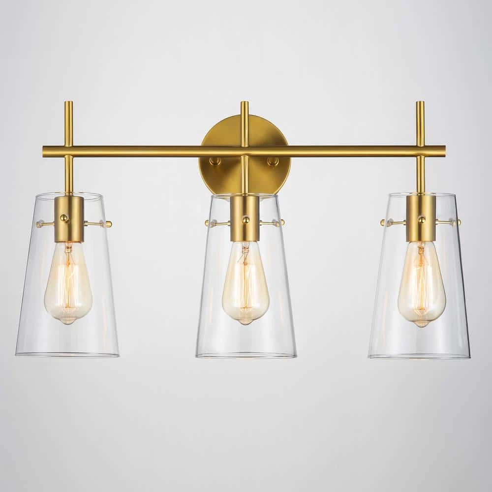 24 in. 3-Light Antique Brass Vanity Light with Clear Glass Shade by Kawoti 2 24 in. 3-Light Antique Brass Vanity Light with Clear Glass Shade by Kawoti - Image 2