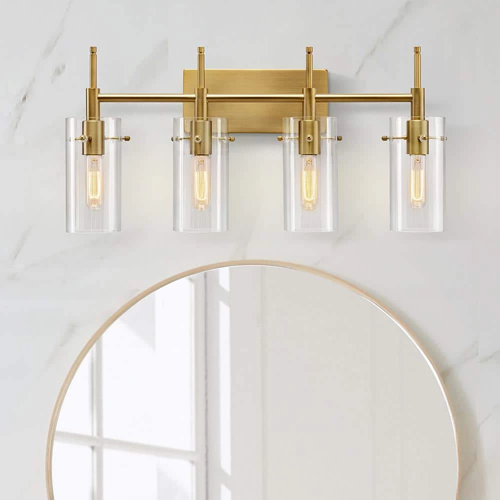 27.5 in. 4-Light Antique Brass Cylindrical Vanity Light with Clear Glass Shade by Kawoti 3 27.5 in. 4-Light Antique Brass Cylindrical Vanity Light with Clear Glass Shade by Kawoti - Image 3