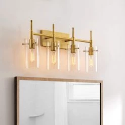 27.5 in. 4-Light Antique Brass Cylindrical Vanity Light with Clear Glass Shade by Kawoti