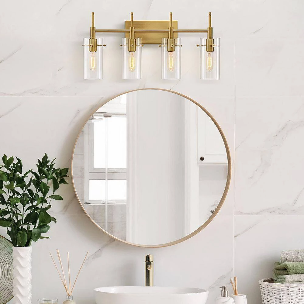 27.5 in. 4-Light Antique Brass Cylindrical Vanity Light with Clear Glass Shade by Kawoti 9 27.5 in. 4-Light Antique Brass Cylindrical Vanity Light with Clear Glass Shade by Kawoti - Image 9