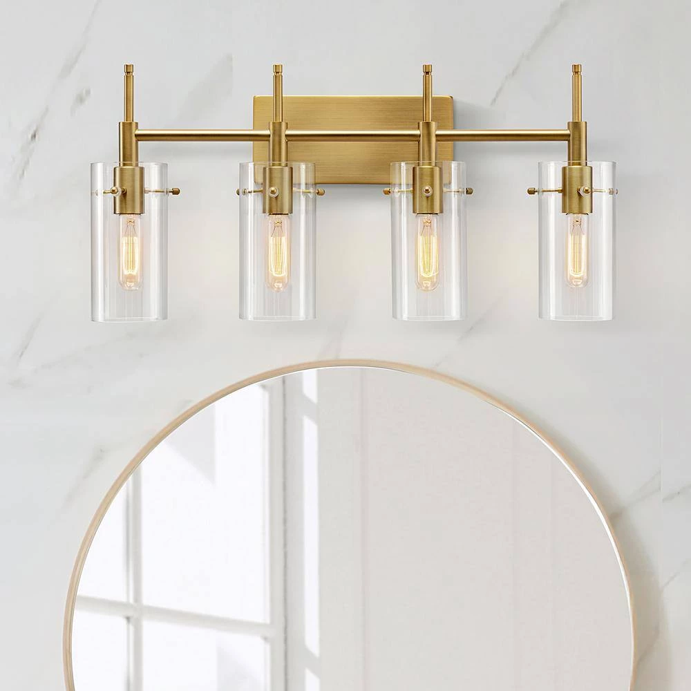 27.5 in. 4-Light Antique Brass Cylindrical Vanity Light with Clear Glass Shade by Kawoti 4 27.5 in. 4-Light Antique Brass Cylindrical Vanity Light with Clear Glass Shade by Kawoti - Image 4