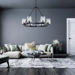 6-Light 28.5 in. Wagon Wheel Chandelier with Glass Shade by Kawoti 12 6-Light 28.5 in. Wagon Wheel Chandelier with Glass Shade by Kawoti -Safavieh Sales blackened bronze kawoti chandeliers 21086 66 1000