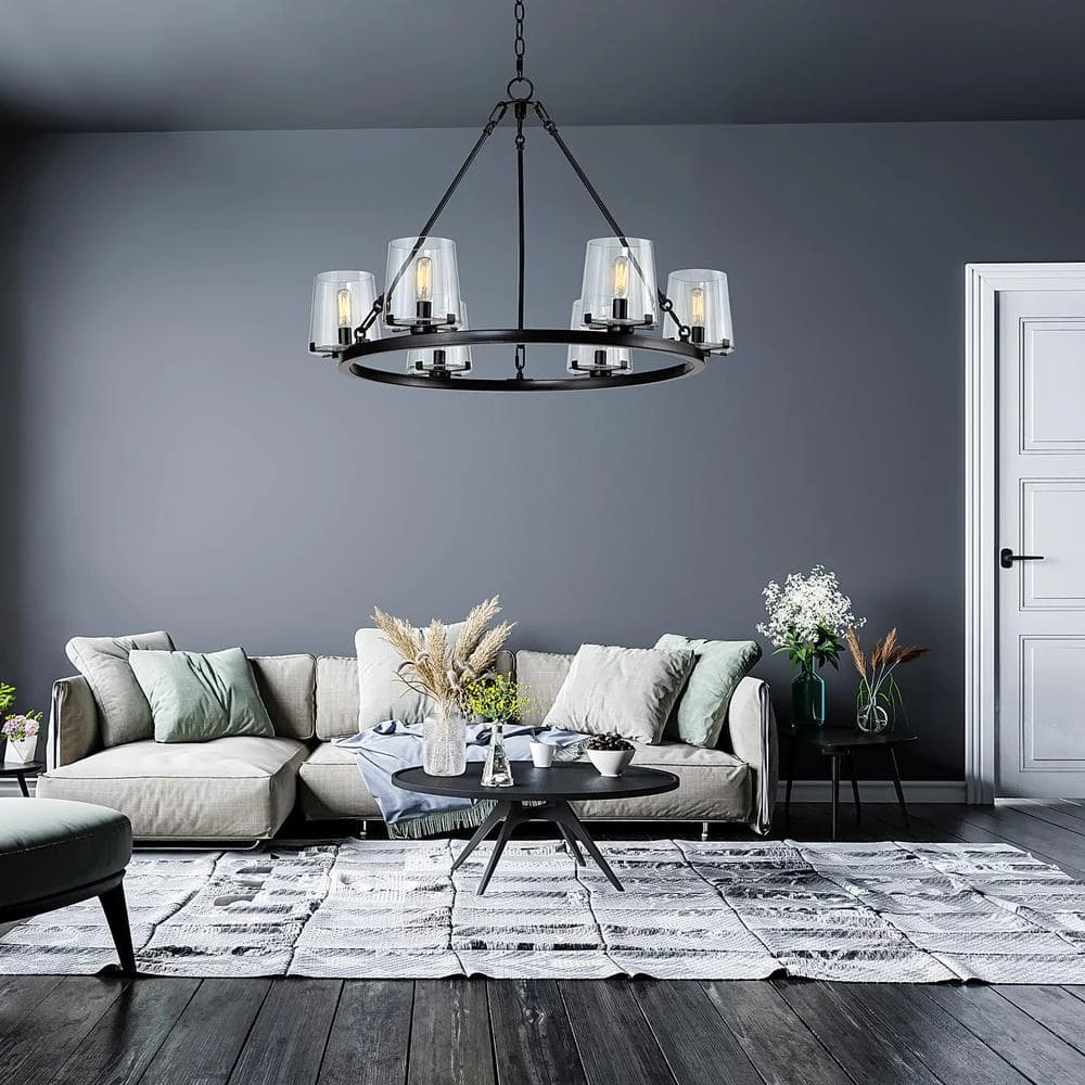 6-Light 28.5 in. Wagon Wheel Chandelier with Glass Shade by Kawoti 3 6-Light 28.5 in. Wagon Wheel Chandelier with Glass Shade by Kawoti - Image 3