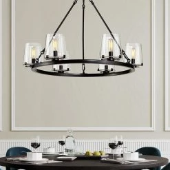 6-Light 28.5 in. Wagon Wheel Chandelier with Glass Shade by Kawoti 13 6-Light 28.5 in. Wagon Wheel Chandelier with Glass Shade by Kawoti -Safavieh Sales blackened bronze kawoti chandeliers 21086 c3 1000