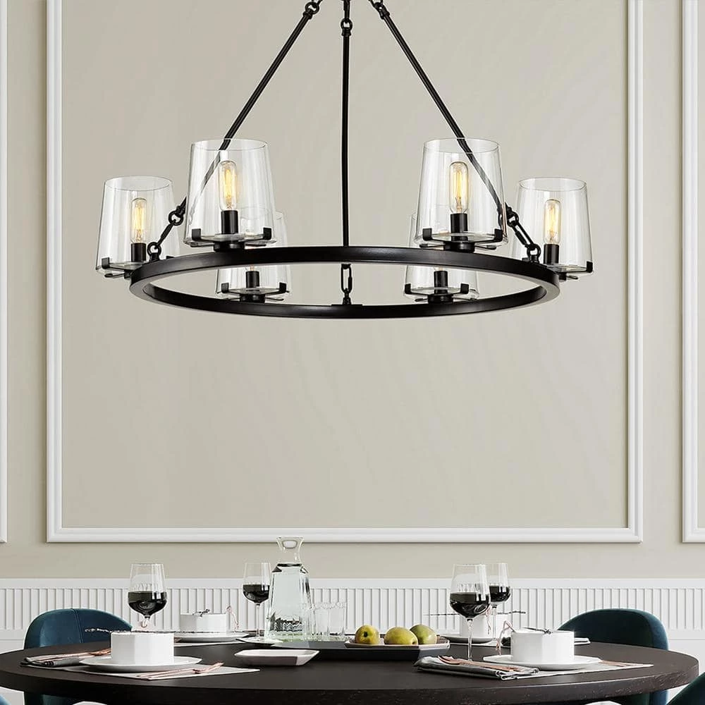 6-Light 28.5 in. Wagon Wheel Chandelier with Glass Shade by Kawoti 4 6-Light 28.5 in. Wagon Wheel Chandelier with Glass Shade by Kawoti - Image 4