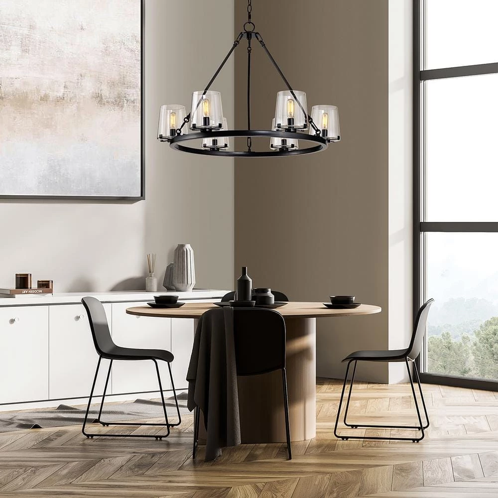 6-Light 28.5 in. Wagon Wheel Chandelier with Glass Shade by Kawoti 2 6-Light 28.5 in. Wagon Wheel Chandelier with Glass Shade by Kawoti - Image 2