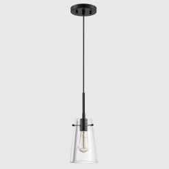 1-Light Blackened Bronze Single Pendant Light with Clear Glass Shade by Kawoti -Safavieh Sales blackened bronze kawoti pendant lights 21071 4f 1000