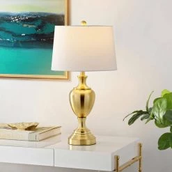 Poppy 28 in. Brass Table Lamp with White Shade by Safavieh -Safavieh Sales brass safavieh table lamps tbl4251b 31 1000