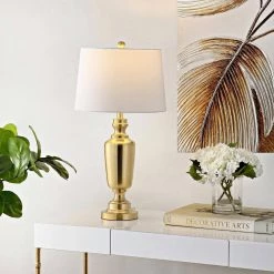 Ezra 28 in. Brass Table Lamp with White Shade by Safavieh 7 Ezra 28 in. Brass Table Lamp with White Shade by Safavieh -Safavieh Sales brass safavieh table lamps tbl4252b 31 1000