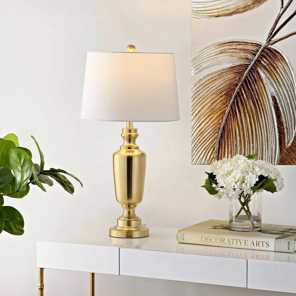 Ezra 28 in. Brass Table Lamp with White Shade by Safavieh 4 Ezra 28 in. Brass Table Lamp with White Shade by Safavieh - Image 4