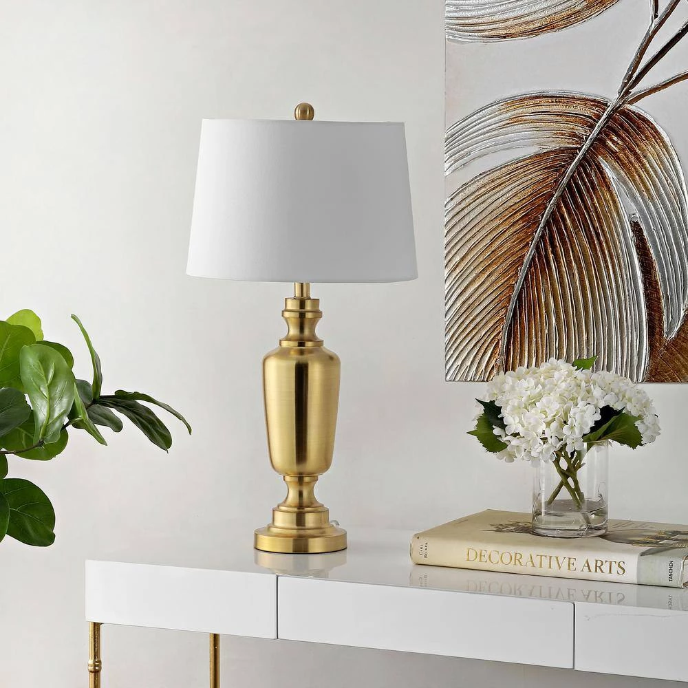 Ezra 28 in. Brass Table Lamp with White Shade by Safavieh 2 Ezra 28 in. Brass Table Lamp with White Shade by Safavieh - Image 2