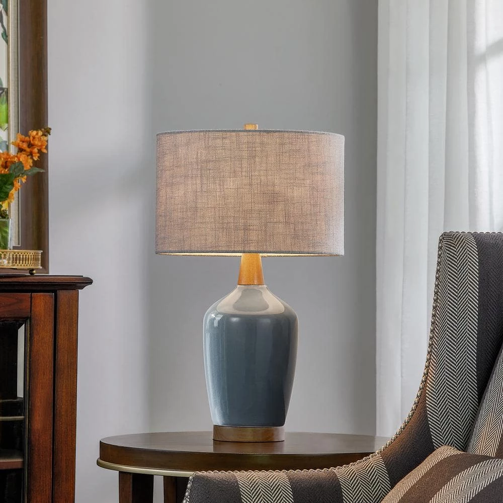 22 .5 in. Ceramic Table Lamp in Brilliant Blue with Walnut Wood Decorates by Kawoti 4 22 .5 in. Ceramic Table Lamp in Brilliant Blue with Walnut Wood Decorates by Kawoti - Image 4