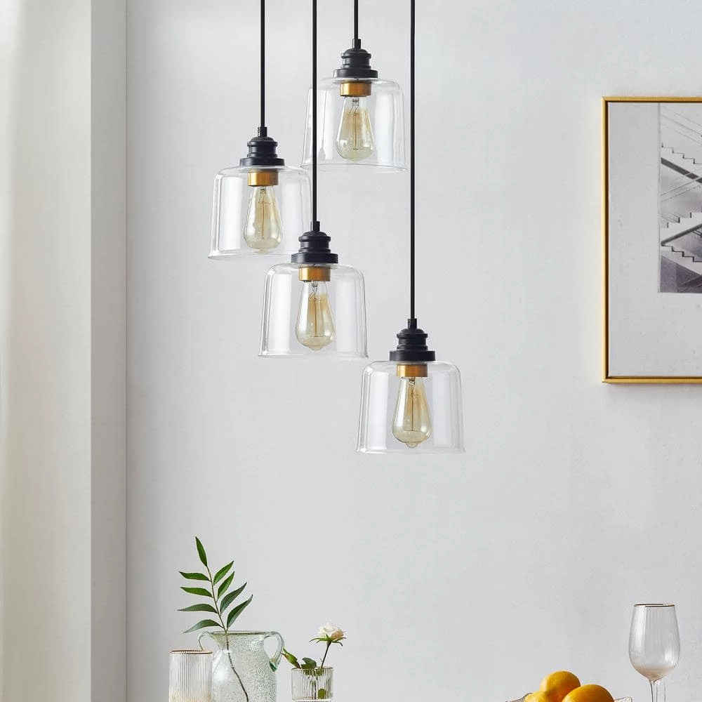 17 in. 4-lights Bronze Cluster Pendant with Drum Glass Shade by Kawoti 2 17 in. 4-lights Bronze Cluster Pendant with Drum Glass Shade by Kawoti - Image 2