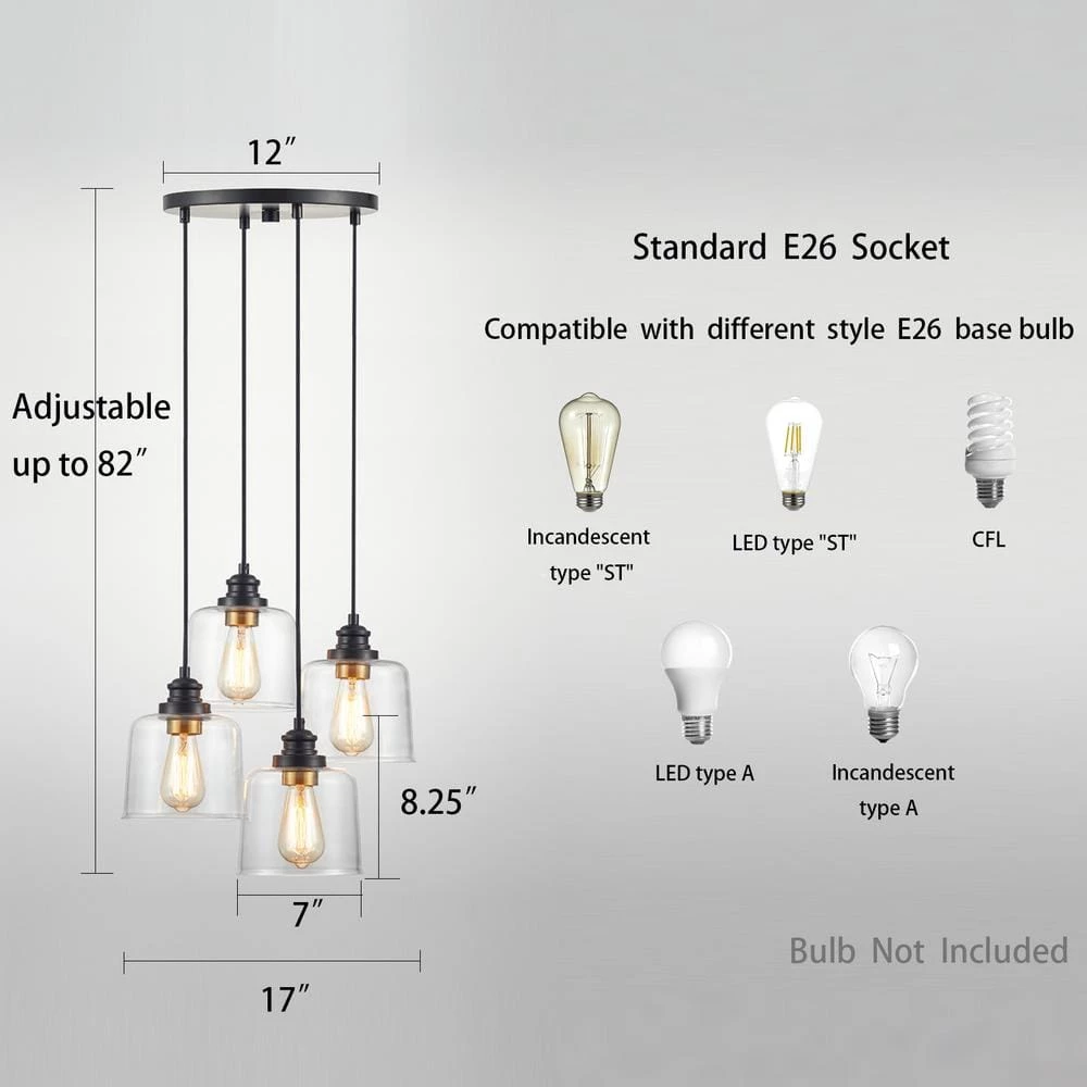 17 in. 4-lights Bronze Cluster Pendant with Drum Glass Shade by Kawoti 7 17 in. 4-lights Bronze Cluster Pendant with Drum Glass Shade by Kawoti - Image 7