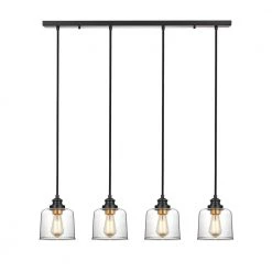 37 in. 4-Light Bronze Farmhouse Kitchen Island Pendant Light with Drum Glass Shade by Kawoti