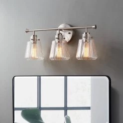 22 in. 3-Light Brushed Nickel Vanity Light with Rippled Glass Shade by Kawoti -Safavieh Sales brushed nickel kawoti vanity lighting 21040 31 1000