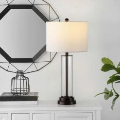 Cassian 26 in. Clear Table Lamp with White Shade by Safavieh -Safavieh Sales clear safavieh table lamps tbl4253b 31 1000