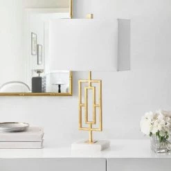 Yara 26.25 in. Gold Leaf/White Table Lamp with White Shade (Set of 2) by Safavieh -Safavieh Sales gold leaf white safavieh table lamps tbl4299a set2 1f 1000