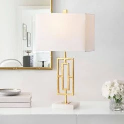 Yara 26.25 in. Gold Leaf/White Table Lamp with White Shade (Set of 2) by Safavieh -Safavieh Sales gold leaf white safavieh table lamps tbl4299a set2 4f 1000