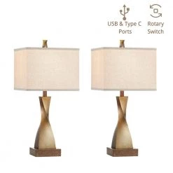 22.25 in. Spiral Antique Brass Table Lamp Set with USB port and Type C port (Set of 2) by Kawoti
