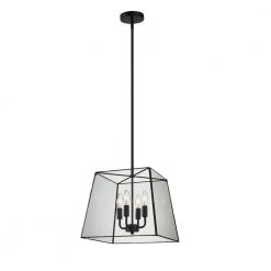 4-Light Matte Black Square Lantern Chandelier Pendant Light with Tempered Glass Panes by Kawoti