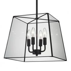 4-Light Matte Black Square Lantern Chandelier Pendant Light with Tempered Glass Panes by Kawoti -Safavieh Sales matte black kawoti chandeliers 21003 c3 1000
