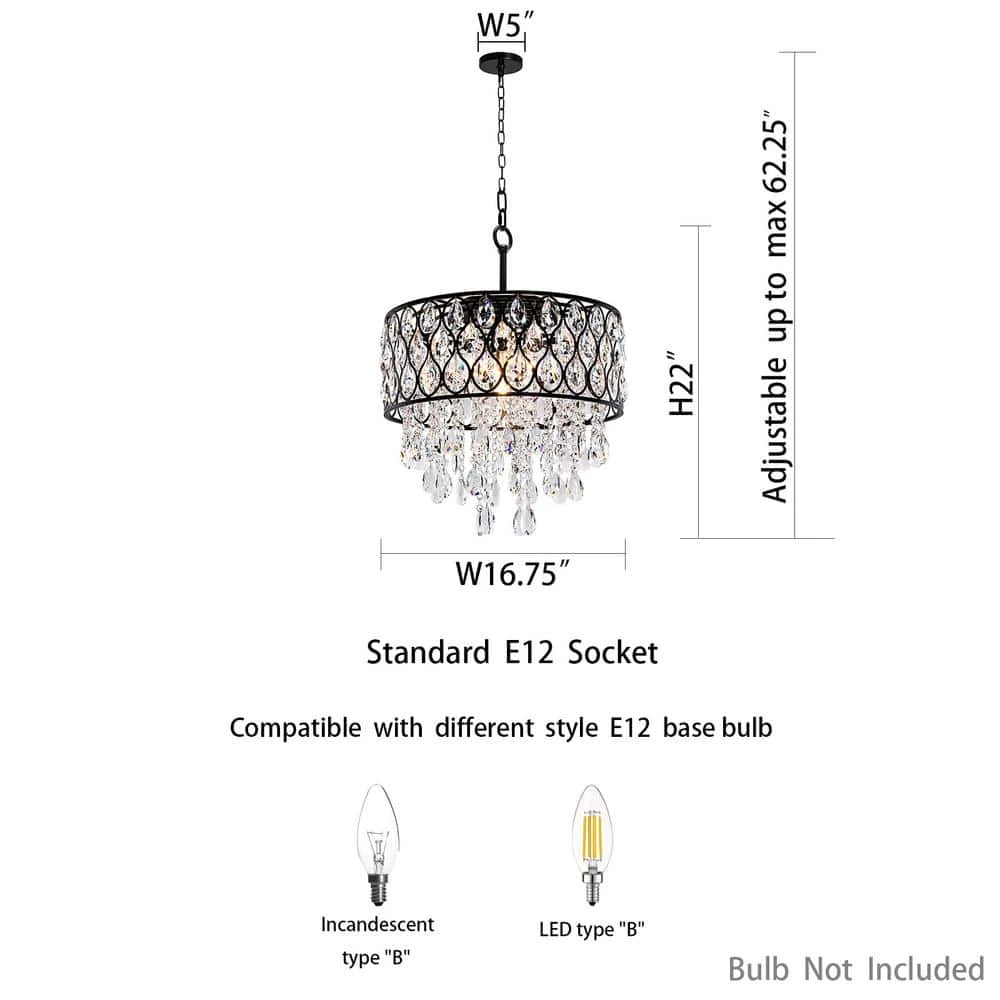 17 in. 5-Light Matte Black Crystal Drum Shape Pendant Light by Kawoti 2 17 in. 5-Light Matte Black Crystal Drum Shape Pendant Light by Kawoti - Image 2