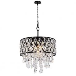 17 in. 5-Light Matte Black Crystal Drum Shape Pendant Light by Kawoti