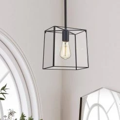 1-Light Matte Black Modern Mini Pendant with Tempered Glass Panes by Kawoti -Safavieh Sales matte black kawoti pendant lights 21002 c3 1000