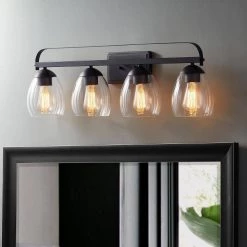 33 in. 4-Light Matte Black Vanity Light with Clear Glass Shade by Kawoti -Safavieh Sales matte black kawoti vanity lighting 21034 fa 1000