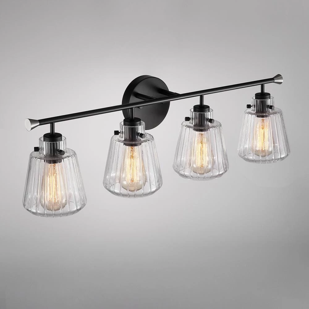 30.25 in. 4-Light Matte Black Vanity Light with Rippled Glass Shade by Kawoti 5 30.25 in. 4-Light Matte Black Vanity Light with Rippled Glass Shade by Kawoti - Image 5