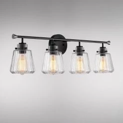 30.25 in. 4-Light Matte Black Vanity Light with Rippled Glass Shade by Kawoti 13 30.25 in. 4-Light Matte Black Vanity Light with Rippled Glass Shade by Kawoti -Safavieh Sales matte black kawoti vanity lighting 21037 44 1000