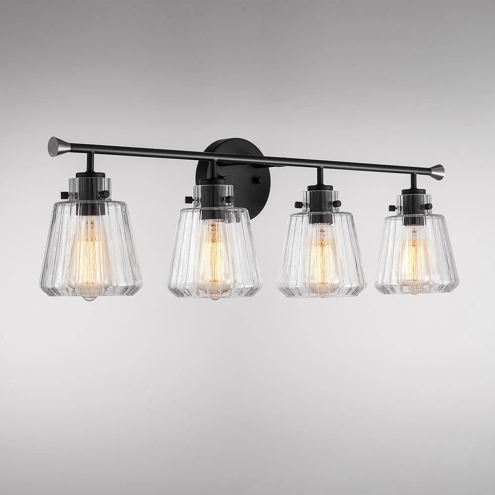 30.25 in. 4-Light Matte Black Vanity Light with Rippled Glass Shade by Kawoti 6 30.25 in. 4-Light Matte Black Vanity Light with Rippled Glass Shade by Kawoti - Image 6