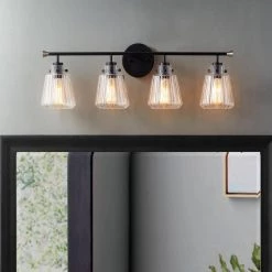 30.25 in. 4-Light Matte Black Vanity Light with Rippled Glass Shade by Kawoti