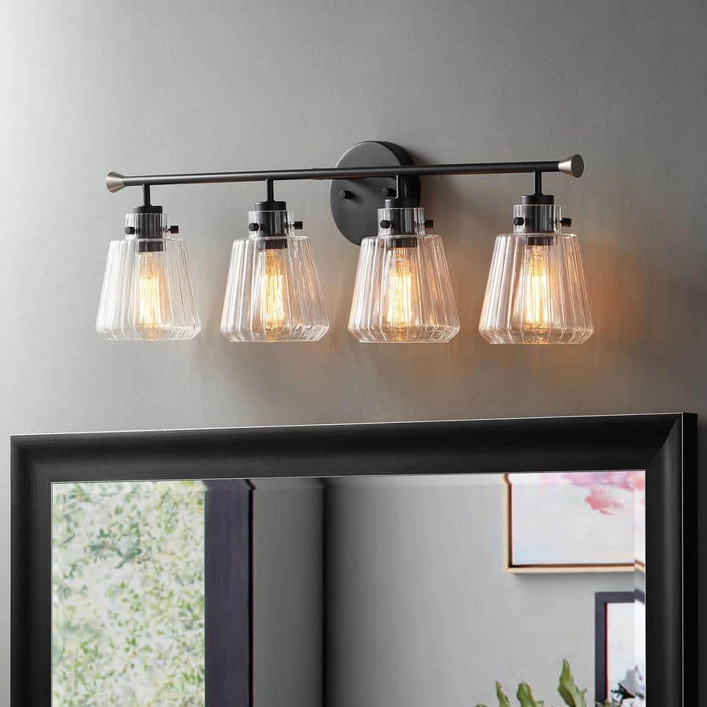 30.25 in. 4-Light Matte Black Vanity Light with Rippled Glass Shade by Kawoti 2 30.25 in. 4-Light Matte Black Vanity Light with Rippled Glass Shade by Kawoti - Image 2