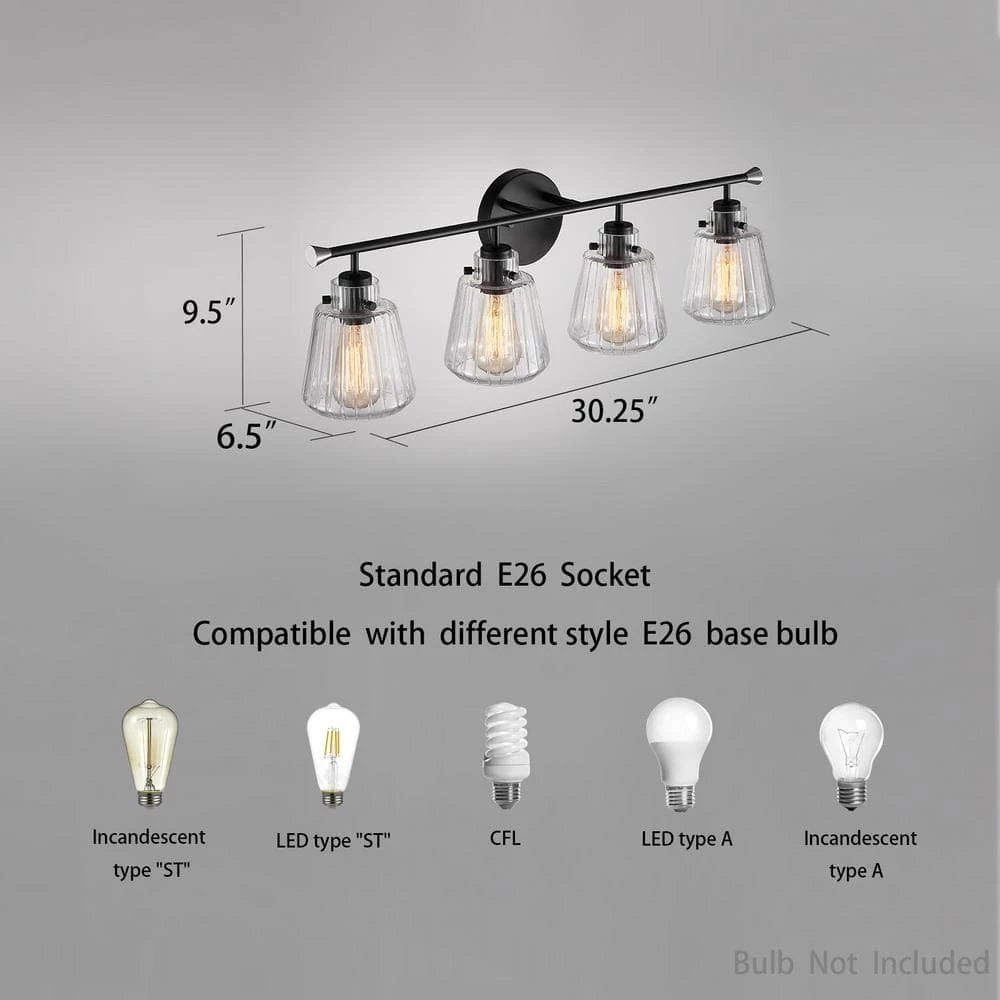 30.25 in. 4-Light Matte Black Vanity Light with Rippled Glass Shade by Kawoti 7 30.25 in. 4-Light Matte Black Vanity Light with Rippled Glass Shade by Kawoti - Image 7