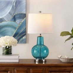 Atlas 24 in. Morocco Blue Table Lamp with Light Gray Shade by Safavieh -Safavieh Sales morocco blue safavieh table lamps tbl4201d 31 1000