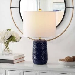 Huxley 22 in. Navy Blue Table Lamp with White Shade (Set of 2) by Safavieh -Safavieh Sales navy blue safavieh table lamps tbl4354a set2 1f 1000