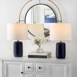 Huxley 22 in. Navy Blue Table Lamp with White Shade (Set of 2) by Safavieh -Safavieh Sales navy blue safavieh table lamps tbl4354a set2 31 1000
