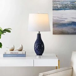 Harlem 25 in. Navy Table Lamp with White Shade by Safavieh -Safavieh Sales navy safavieh table lamps tbl4250c 31 1000