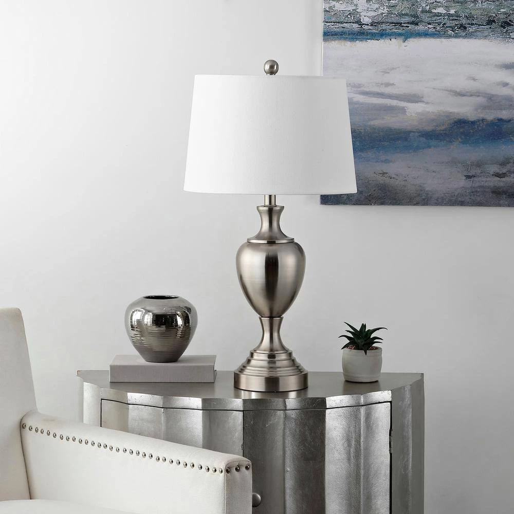 Poppy 28 in. Nickel Table Lamp with White Shade by Safavieh 2 Poppy 28 in. Nickel Table Lamp with White Shade by Safavieh - Image 2