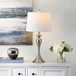 Bayan 28 in. Nickel Table Lamp with White Shade by Safavieh -Safavieh Sales nickel safavieh table lamps tbl4260a 31 1000