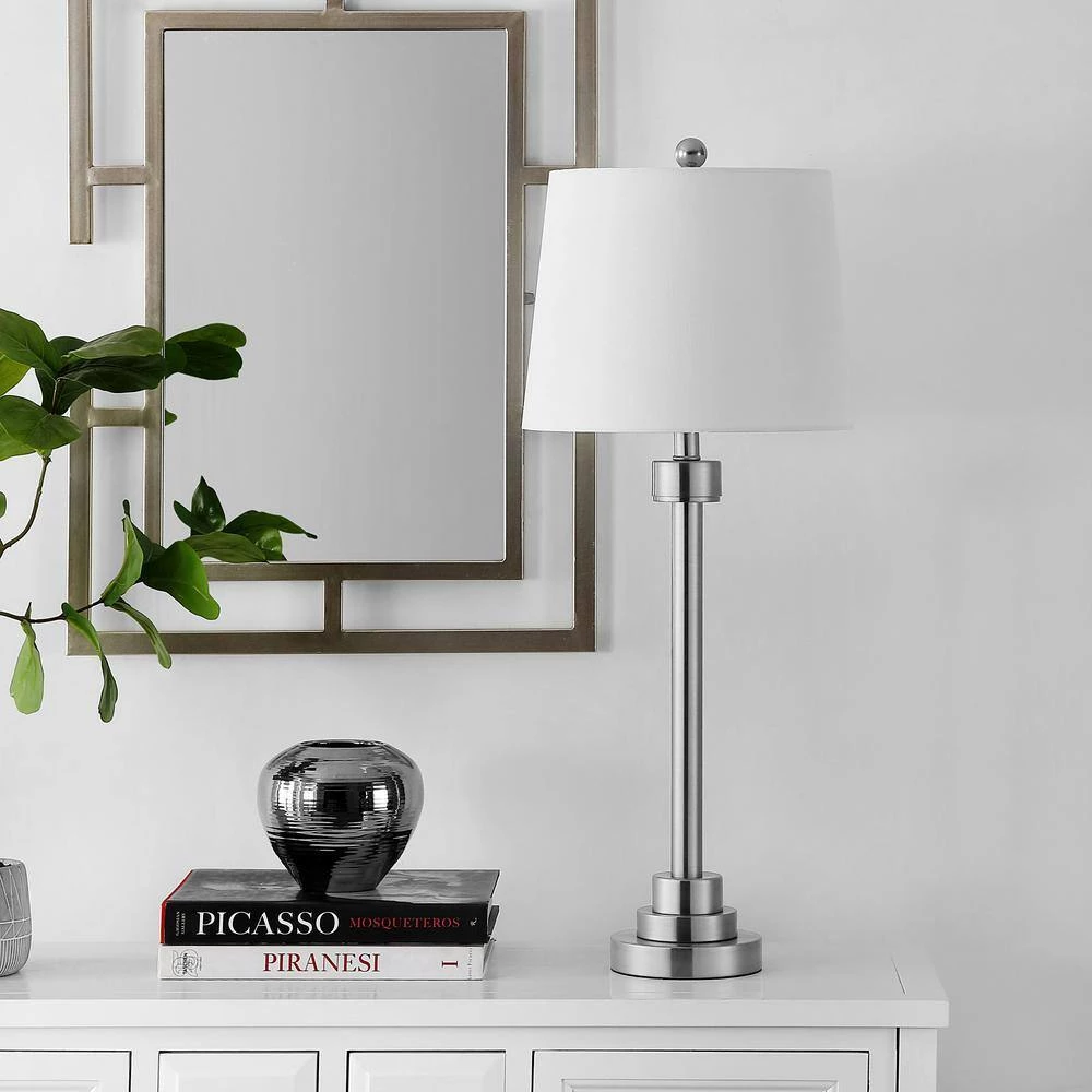 Baxter 30 in. Nickel Table Lamp with White Shade by Safavieh 2 Baxter 30 in. Nickel Table Lamp with White Shade by Safavieh - Image 2