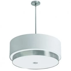 Larkin 4-Light Satin Chrome Large Pendant with White Linen Drum Shade by Radionic Hi Tech