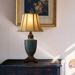 27.5 in. Mermaid Teal Green Table Lamp with Bell Fabric Shade by Kawoti -Safavieh Sales teal green kawoti table lamps 21116 66 1000