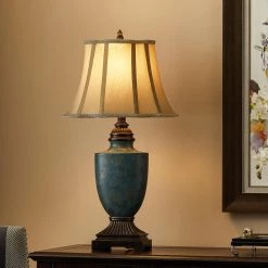 27.5 in. Mermaid Teal Green Table Lamp with Bell Fabric Shade by Kawoti -Safavieh Sales teal green kawoti table lamps 21116 fa 1000