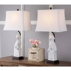 Foo 28 in. White Dog Table Lamp with White Shade (Set of 2) by Safavieh -Safavieh Sales white safavieh table lamps lit4137b set2 40 1000